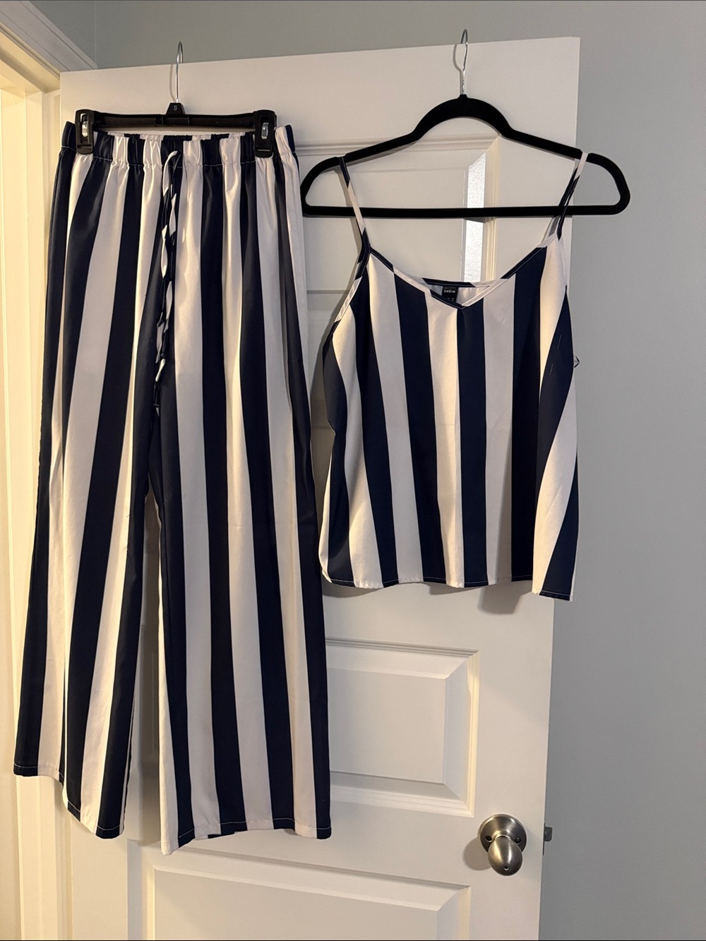 SHEIN Navy & White Vertical Stripe Wide-Leg Pants with Matching Cami